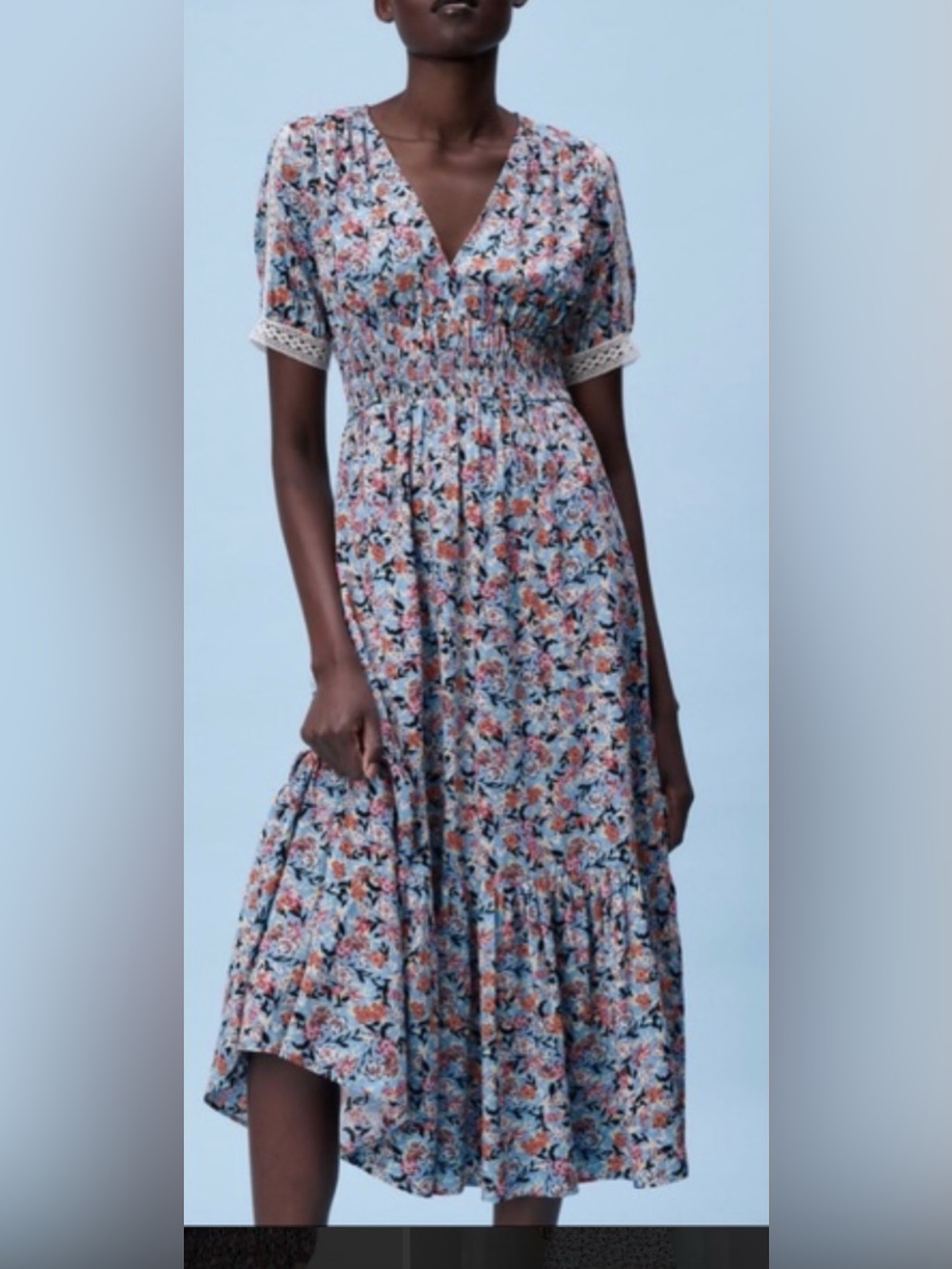 NWT Zara Blue Floral Boho Maxi Dress Lace Trim Cottagecore Size Medium - Picture 11 of 11